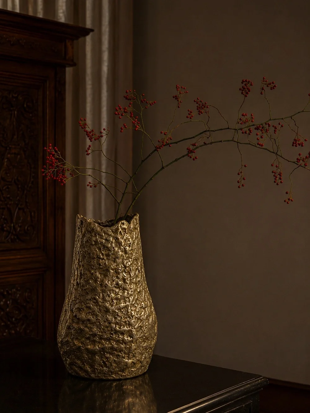 Organic Sculptural Gold Metal Vase Brutalist Style Heavy Statement Decor